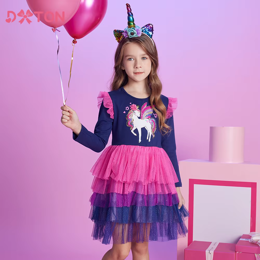 DXTON Vestido manga larga unicornio para niña con volantes - imagen 5