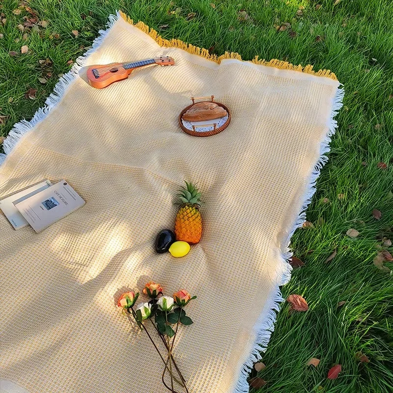 Manta de picnic de lino con diseño waffle y flecos para exteriores - imagen 5