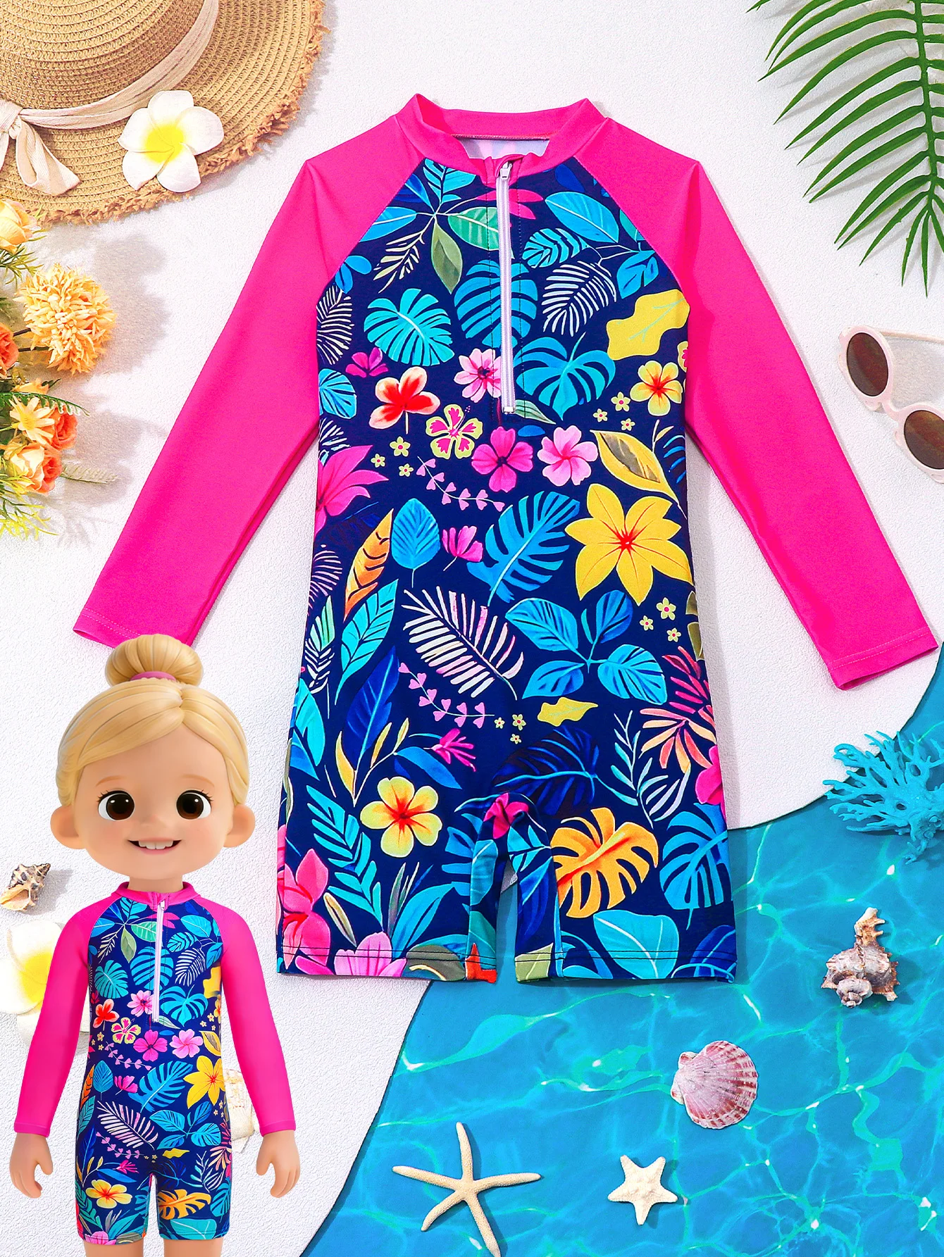 Traje de baño una pieza niña estampado tropical con cremallera frontal