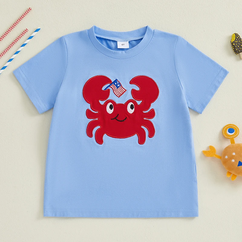 Suefunskry Camiseta informal de verano para niño pequeño, camisetas holgadas de manga corta con bordado de bandera americana de cangrejo y cuello redondo