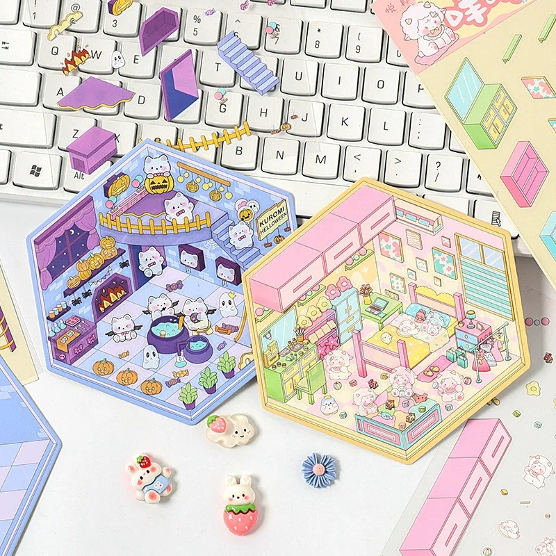 Casa de animales de dibujos animados 3D DIY, escena en miniatura, cabina de bolsillo, pegatina de paisaje, escena apilable, pegado, regalo de Festival para - imagen 3