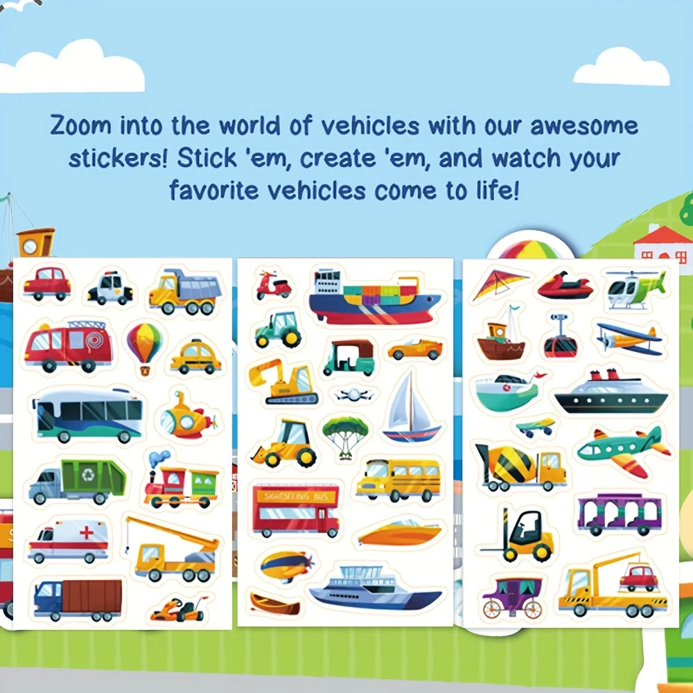 Pegatinas de vehículos de transporte para niños, colección de pegatinas reutilizables, libro de animales, coche, juguete para regalo DIY para niños, niñas y adolescentes - imagen 4