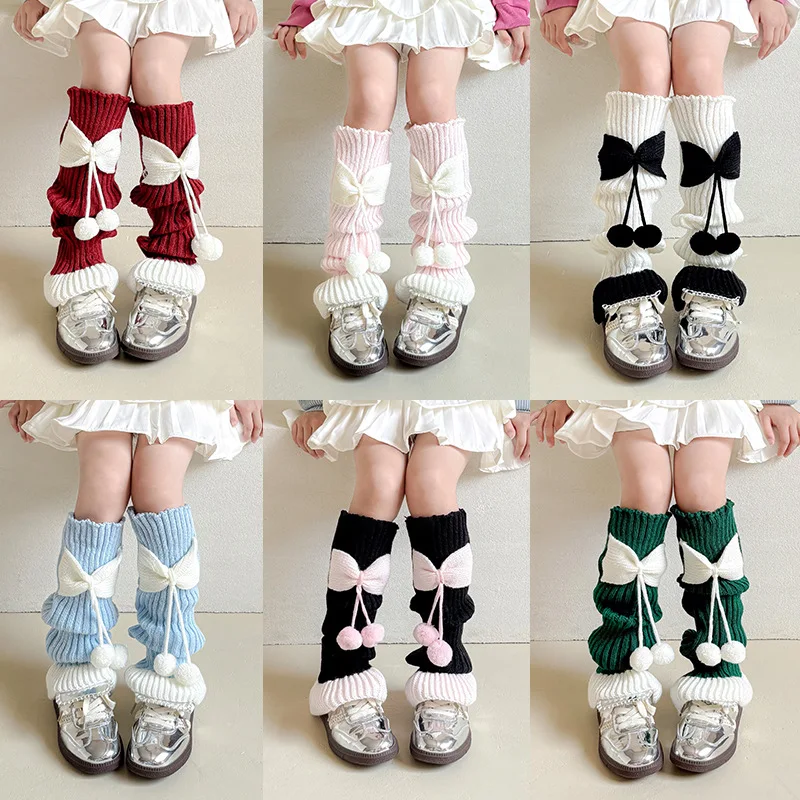 Calcetines sueltos coreanos Kawaii con bonito lazo para niños y niñas, calentadores de piernas con lazo de Lolita, mallas escolares cálidas de algodón y lana tejidas para niños - imagen 5