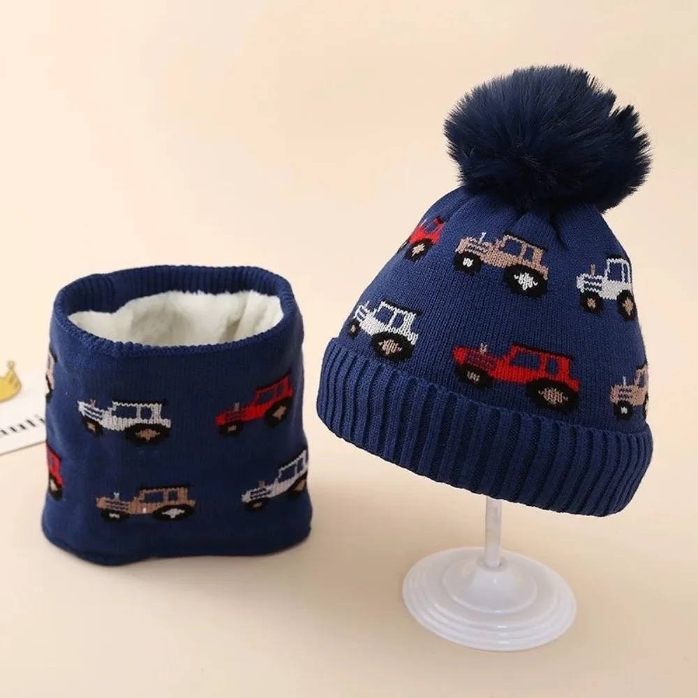 Gorro de punto con diseño de coche para niños, conjunto de bufanda, protección para los oídos, gorro de punto grueso, bufanda, forro polar, calentador de cuello a prueba de viento - imagen 4