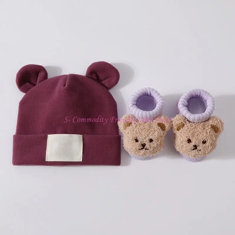 85AE Conjunto gorro y calcetines estilo clásico para bebé recién nacido, suave y elástico para uso diario, bonito gorro - imagen 4