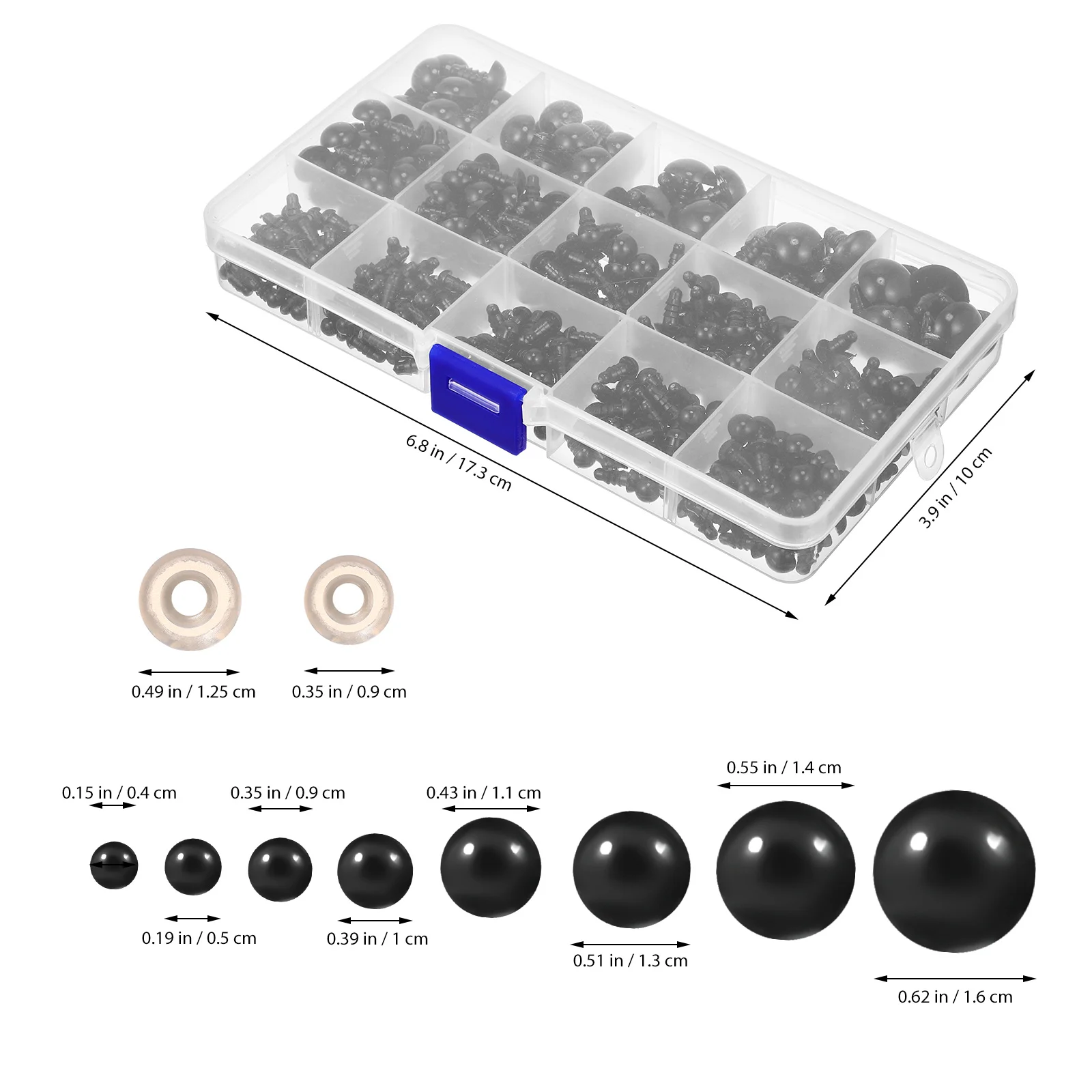 Caja Ojos de seguridad Plástico Negro Múltiples tamaños Durable Uso duradero Fácil organizar Arandelas Ojos de seguridad para animales de peluche - imagen 5
