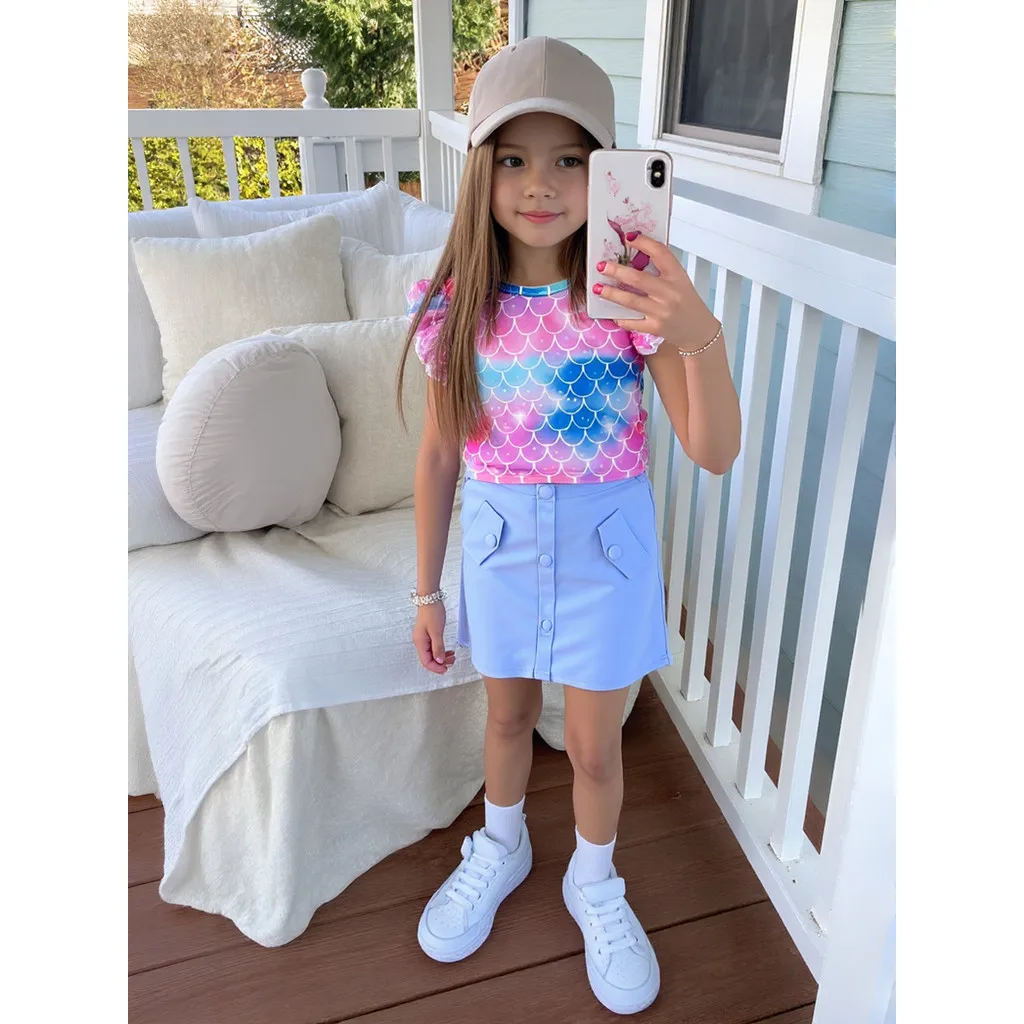 Conjunto de ropa para niñas, chaleco escamas de pescado púrpura bonito informal de verano + falda ceñida azul, disfraz de vacaciones para niños de 3 4 5 6 7 años - imagen 3