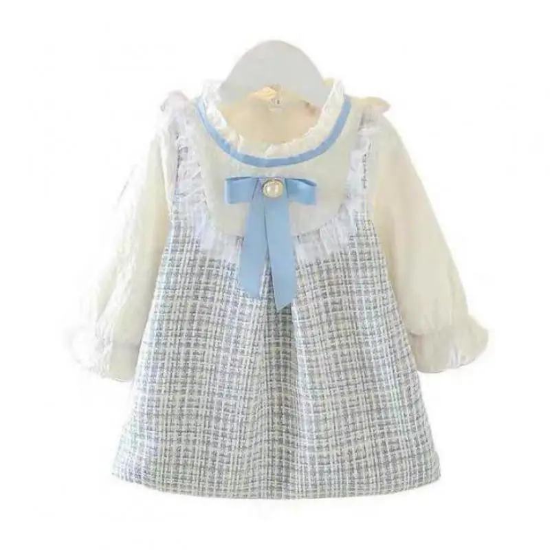 Bonito vestido azul para niños, nuevo diseño, falda informal a cuadros de 0 a 3 años, ropa de primavera y otoño, falda rosa de manga larga para niñas - imagen 2