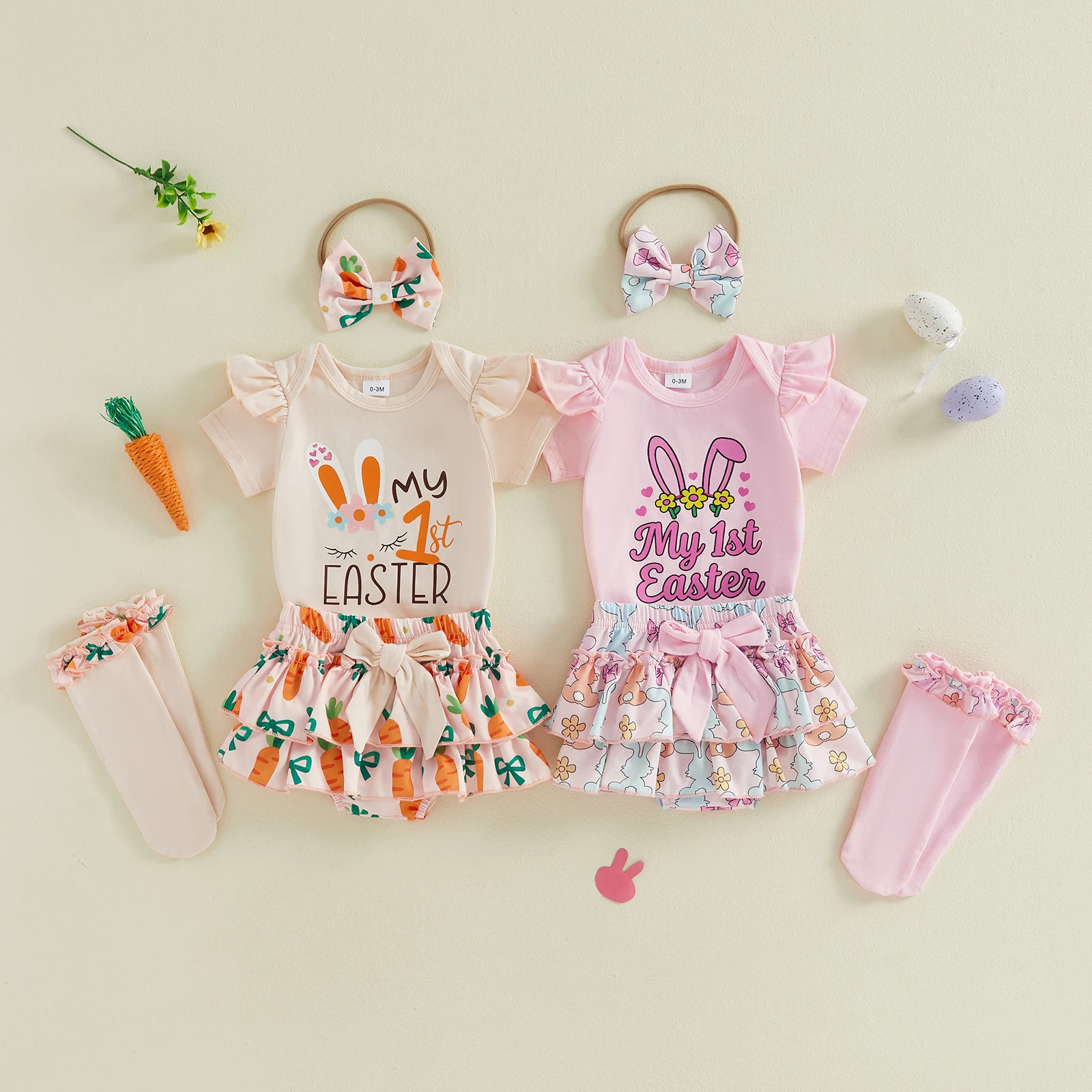 Traje de Pascua para niña: mono con letras y shorts de conejito - imagen 2