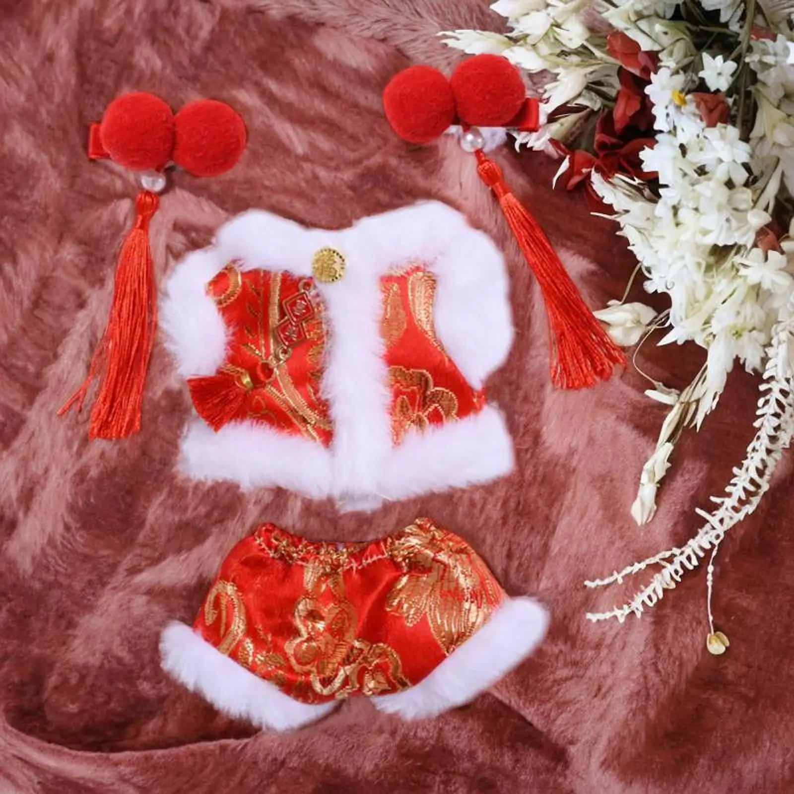 4x Fashion Dolls New Year Coat and Pants Hairpin, Handmade Miniature Clothes Outfits for 15-17cm Dolls Birthday Gifts