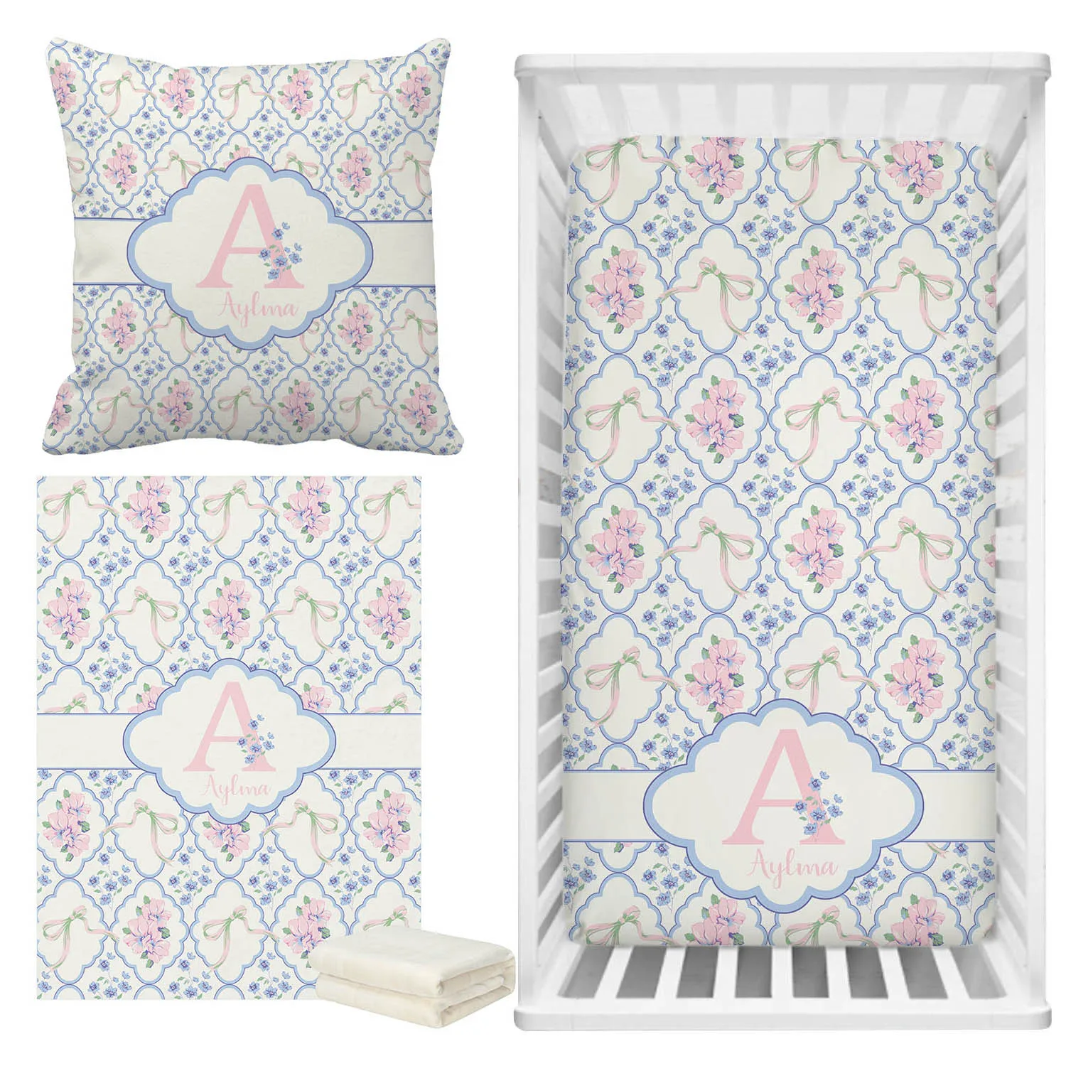 LVYZIHO Juego de cama para cuna floral vintage con nombre personalizado, manta para bebé con bonito lazo, sábana para cuna de bebé, funda de almohada para bebé