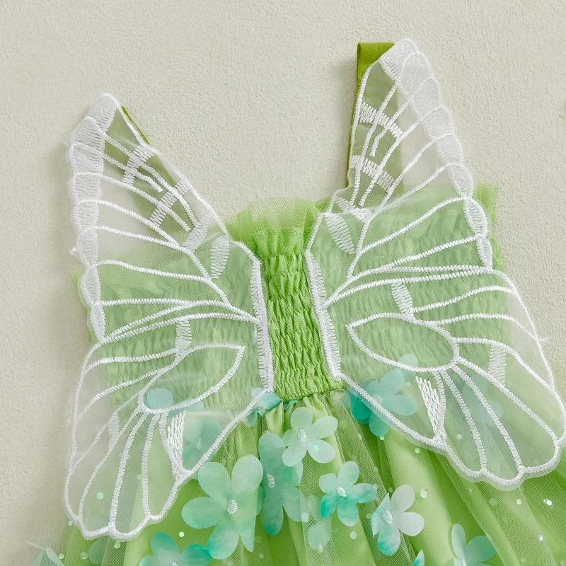 Suefunskry Vestido de verano para niña, sin mangas, con flores de mariposa, vestido de tul de corte A, vestido de princesa - imagen 3