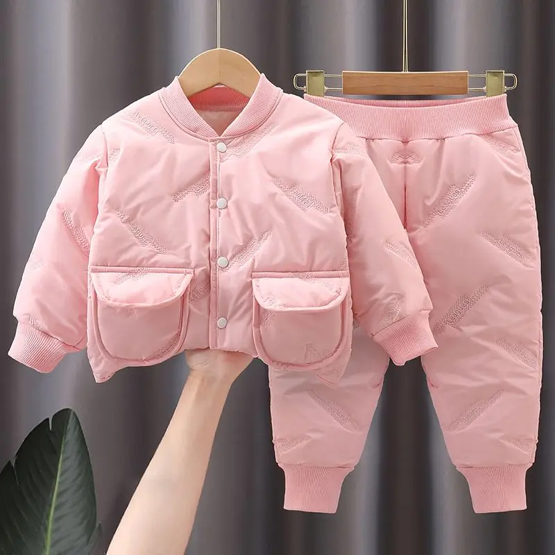 Traje cálido acolchado para niños y niñas, ropa informal de Color puro, Tops, pantalones, ropa de manga larga transpirable, Otoño e Invierno - imagen 3