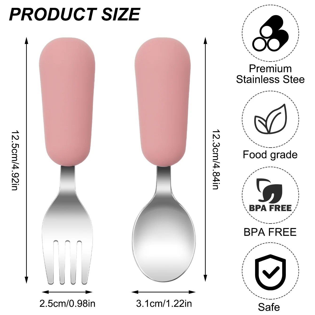 Juego de utensilios de alimentación infantil de acero inoxidable, mango de silicona, agarre antideslizante, cubiertos seguros de calidad alimentaria para niños pequeños, 2 uds. - imagen 3