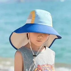 Nuevo sombrero para el sol para bebé con solapa para el cuello, protección UV, sombreros de playa de ala ancha de poliéster con correa, sombrero de cubo transpirable para verano