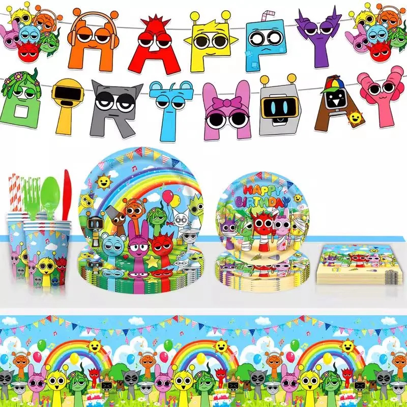 Sprunki decoraciones para fiesta de cumpleaños, suministros de decoración para fiesta de cumpleaños, juego de globos, pancarta, platos, tazas, mantel, regalo para niños - imagen 3