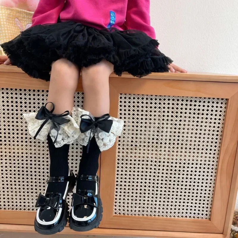 Calcetín de algodón suave hasta la rodilla para niña pequeña, calcetín Retro europeo, lazo de encaje, primavera y otoño, 2-8T, 1 par - imagen 5