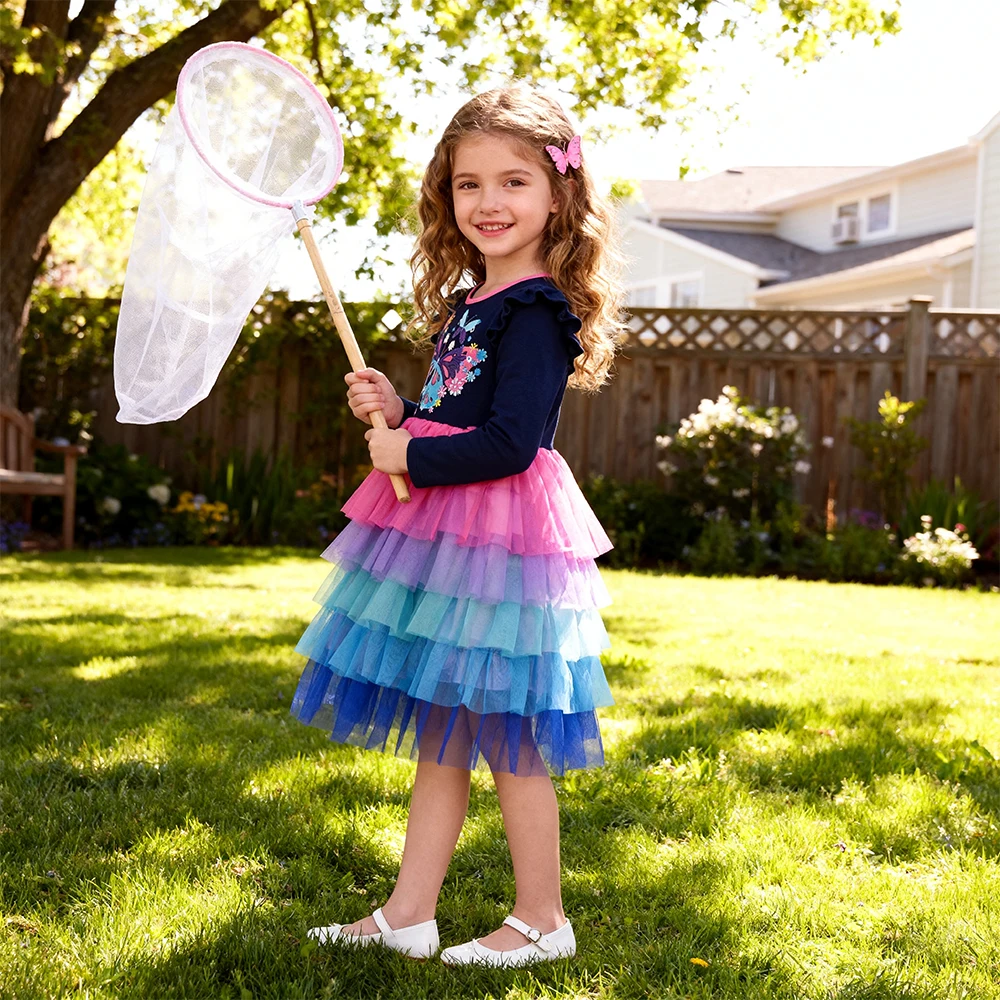 DXTON vestido de algodón para niña con volantes estampado - imagen 5