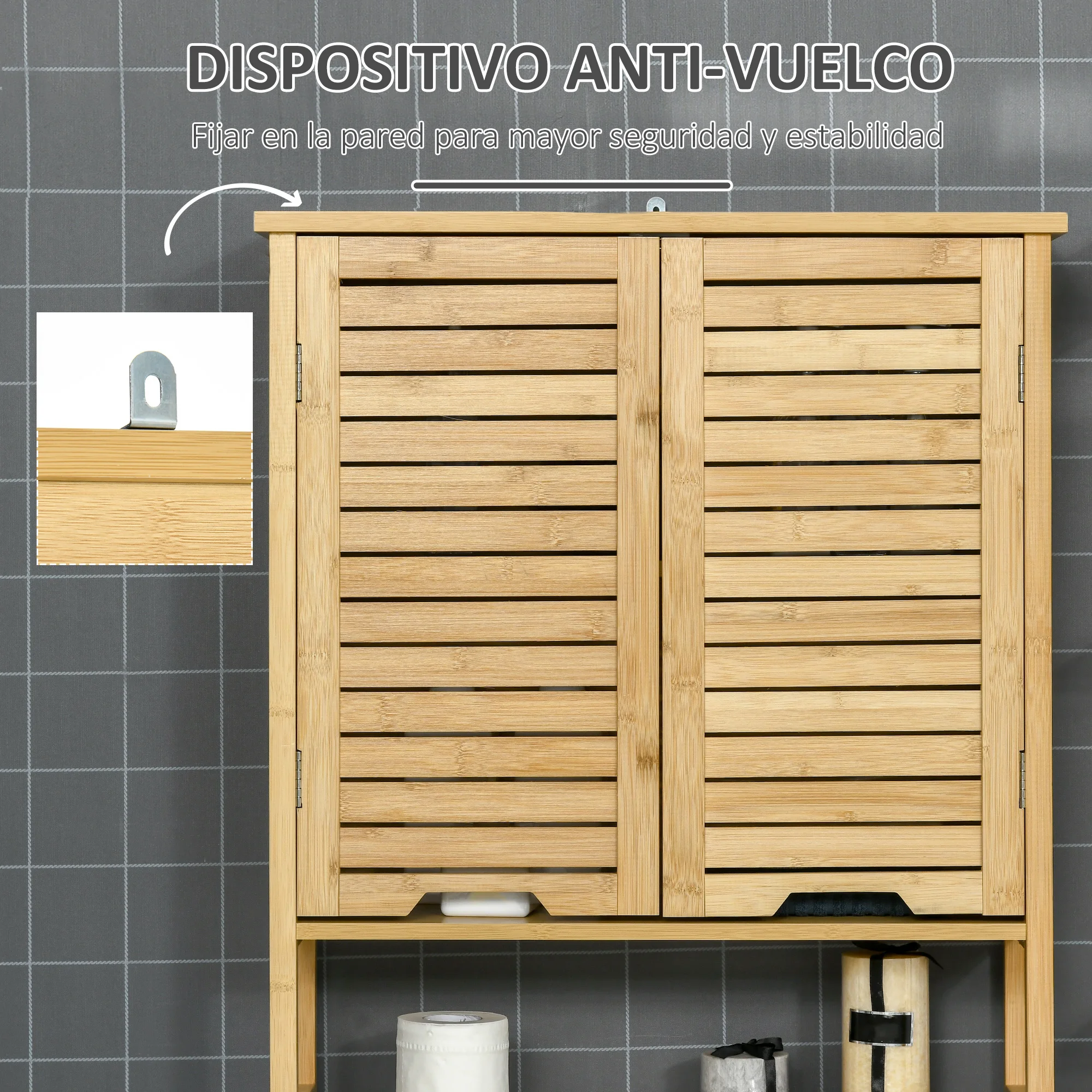 kleankin Mueble de Bambú sobre Inodoro Armario Alto para Lavadora con 2 Puertas 1 Balda Interior y 1 Estante de Almacenaje para Baño 60x23x173 cm Natural - imagen 5