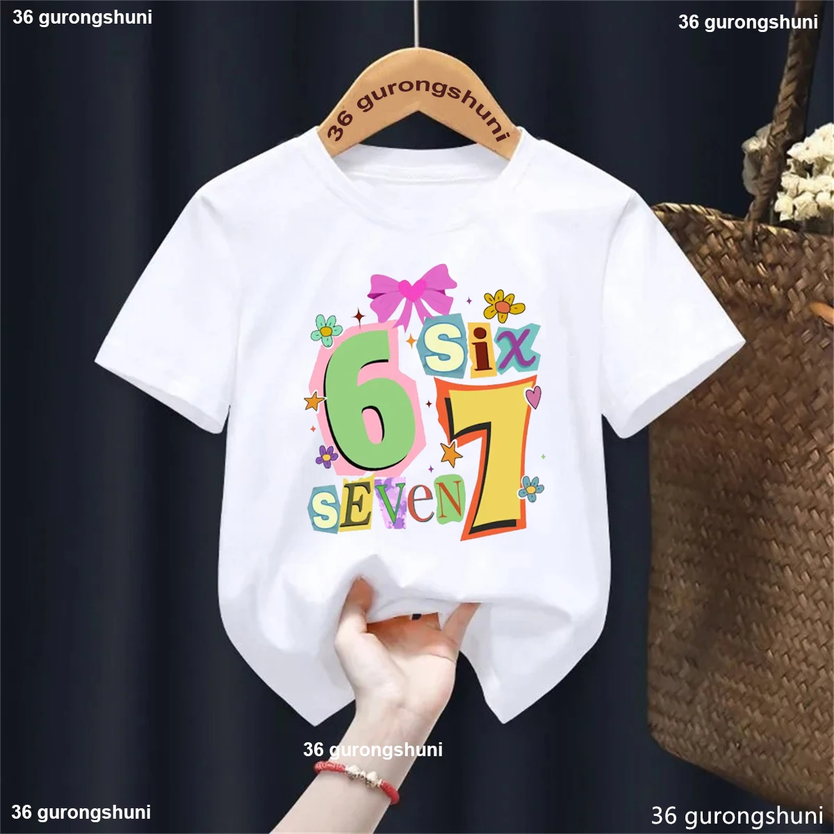 Camiseta con estampado de estrellas y lazo de flores Love Six Seven 67 para niñas, ropa Kawaii para niños, camiseta de manga corta de verano, camisetas lisas
