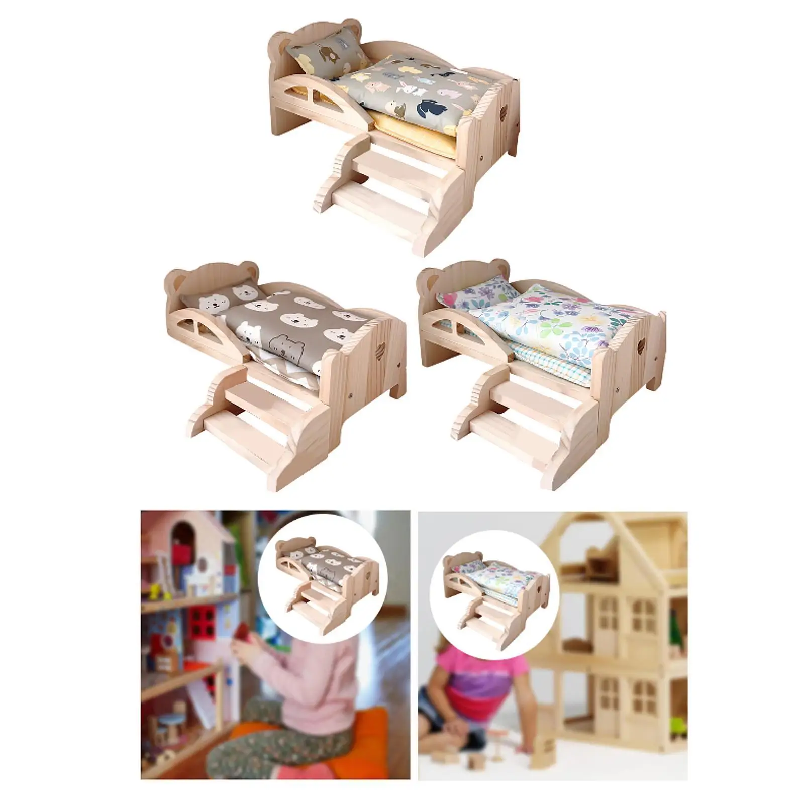 1:12 Wooden Doll Mini Bed Simulation Furniture Pretend Toy for Girls Birthday