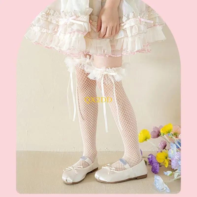 QX2D Calcetines dulces encaje delicado para niños con precioso ribete lazo hasta pantorrilla - imagen 4