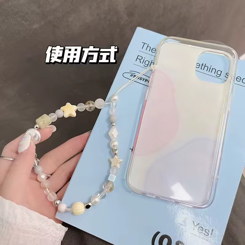 Cadena para teléfono con cuentas de perlas y estrellas, cordón colgante, dijes para teléfono, correa para teléfono, cordón para móvil hecho a mano de verano, regalo de joyería