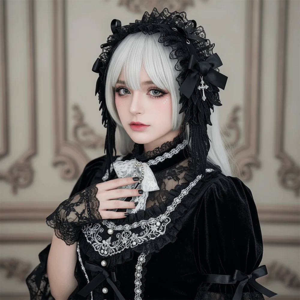 Diadema Lolita negra con alas de encaje para fiesta y cosplay - imagen 3