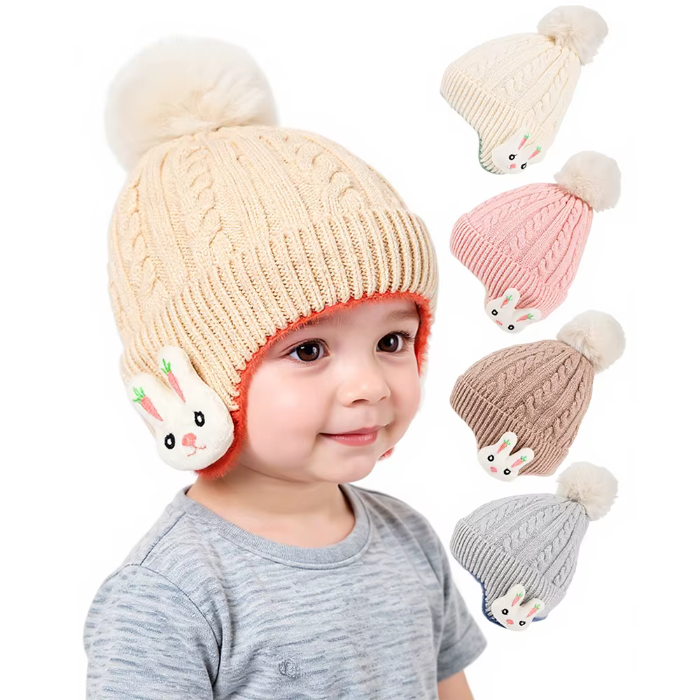 Gorro de bebé con pompón de conejo y orejeras para invierno - imagen 5