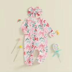 Pelele con patas de otoño para niñas recién nacidas de 0 a 12 meses, mono con volantes y cuello redondo de manga larga con estampado de lazo y diadema