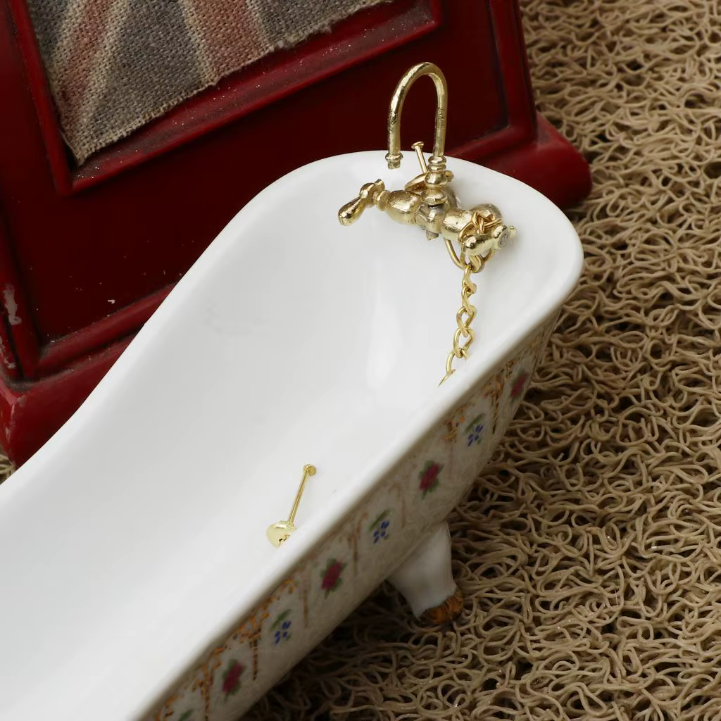 Accesorios baño casa muñecas – Bañera, lavabo y espejo en cerámica miniatura