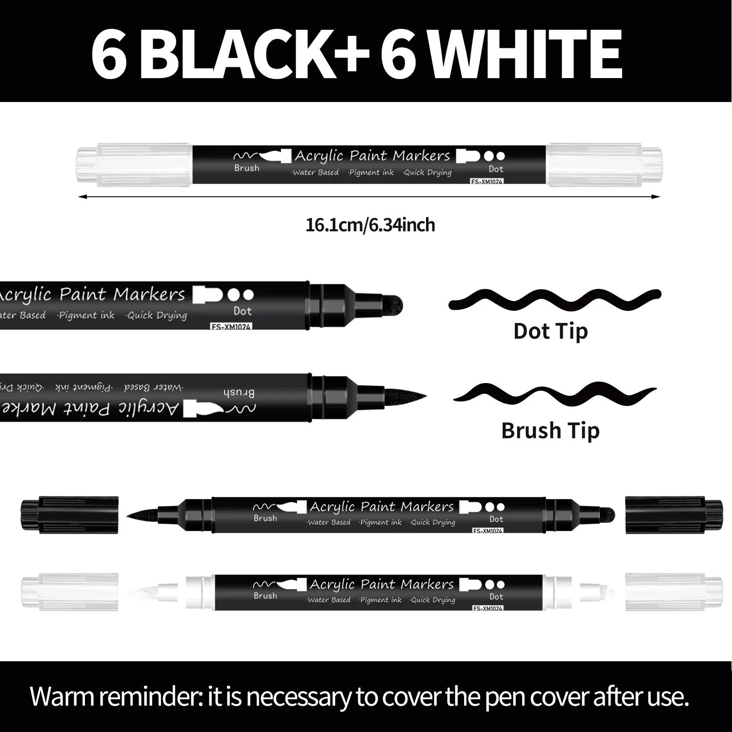 Rotulador de pintura acrílica blanca y negra, pincel de 12 piezas y punta fina para papel, pintura de roca, letrero de madera, Metal, plástico, dibujo - imagen 3