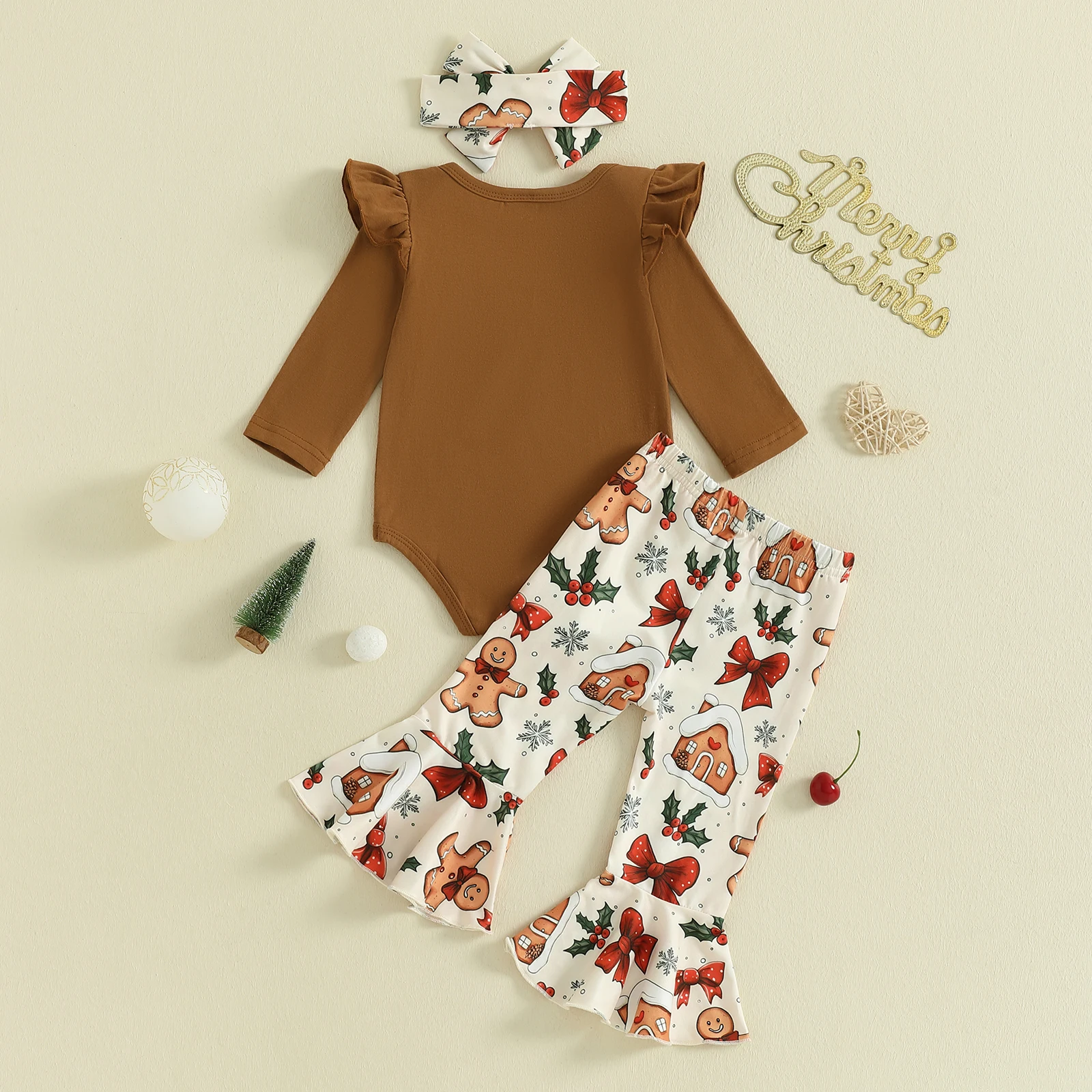 Conjuntos de pantalones navideños para niñas de 0 a 18 meses, pelele con estampado de letras y cuello redondo de manga larga, pantalones con estampado de pan de jengibre, conjuntos con diadema - imagen 2