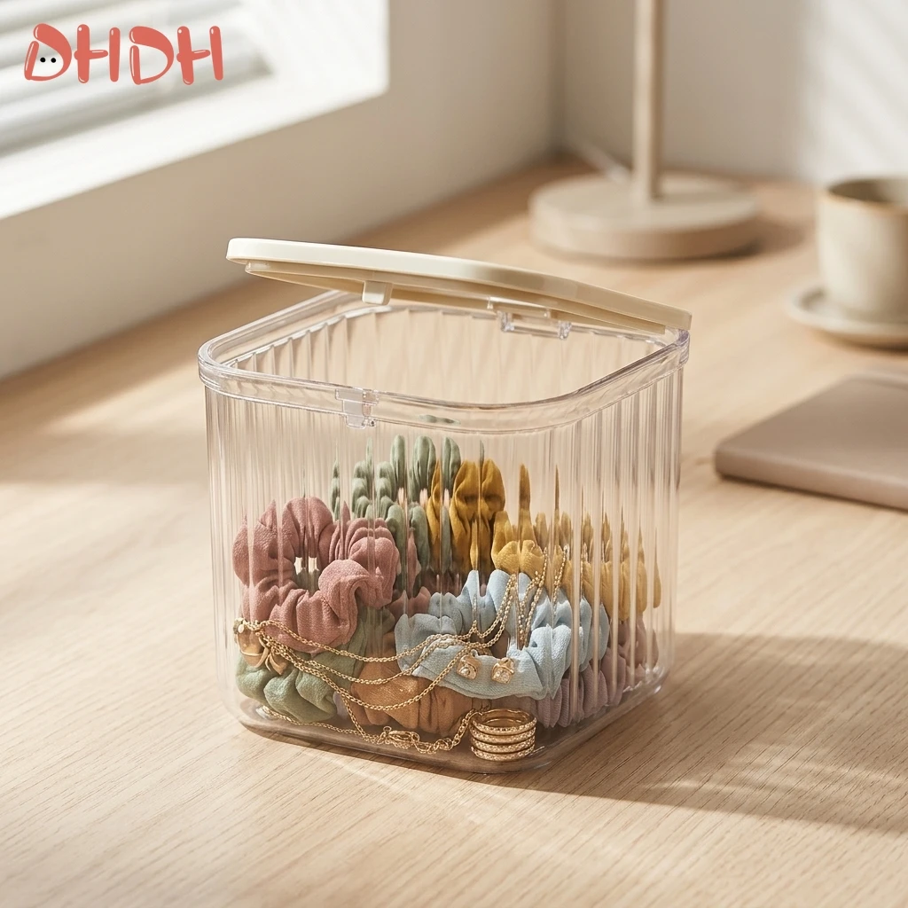 Caja de almacenamiento transparente con tapa abatible para lazos