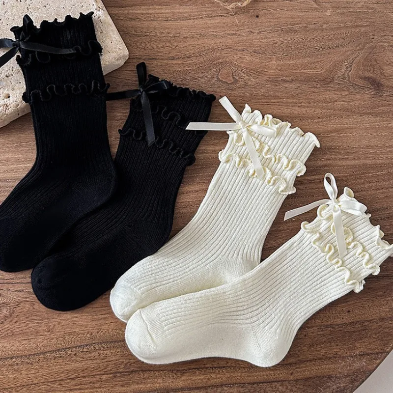 Calcetines con lazos de encaje y volantes para niñas, calcetines coreanos de princesa para niños, calcetines tobilleros de algodón con lazo blanco y negro para niños pequeños - imagen 3