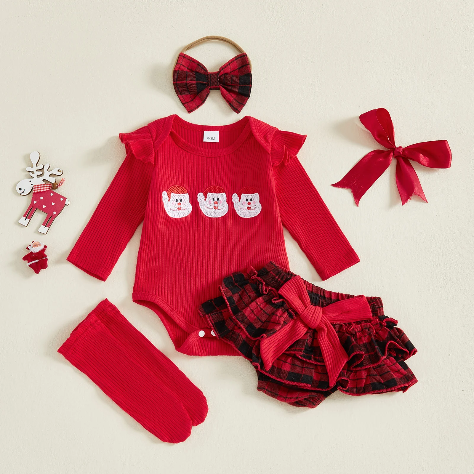 SUNSIOM Traje de Navidad para niña de 0 a 18 meses, pelele de manga larga de Papá Noel, pantalones cortos con volantes a cuadros, diadema con lazo, medias acanaladas, 4 piezas