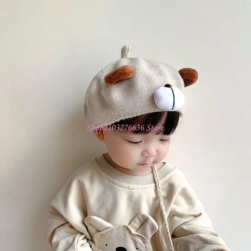 Gorro punto R6FD con bonito oso dibujos animados para niños y niñas, gorro a prueba viento para Otoño e Invierno
