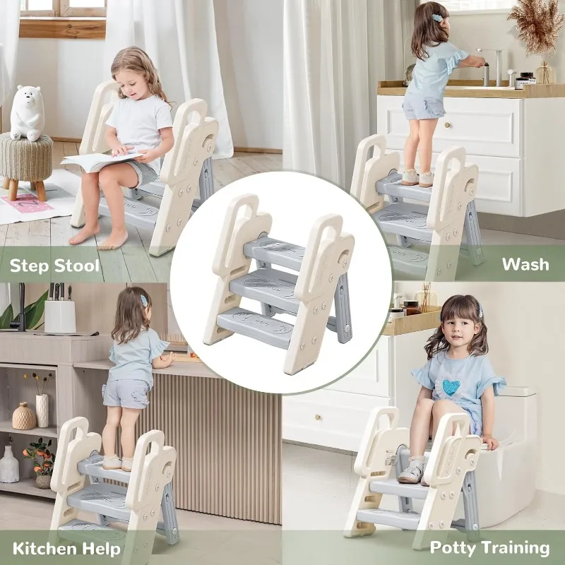 Taburete plegable de 3 escalones con asas, taburete antideslizante 4 en 1 ajustable para lavabo de baño de 3 escalones para niños pequeños, orinal de entrenamiento - imagen 4