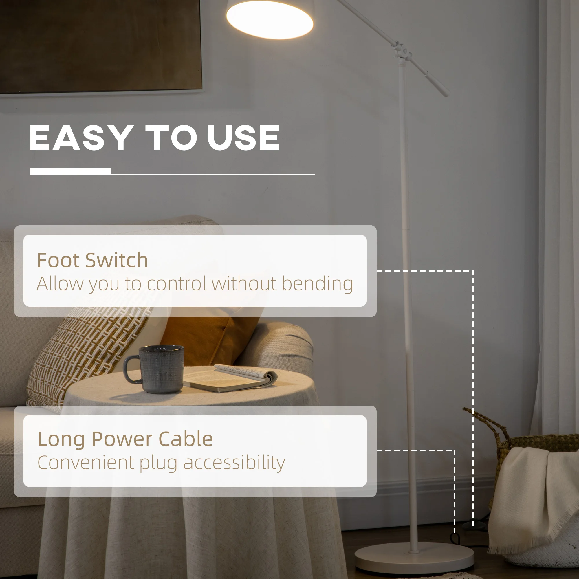 HOMCOM Lámpara de Pie Industrial Casquillo E27 Máx. 40W Lámpara de Lectura de Pie con Brazo Oscilante Altura Ajustable Pantalla Giratorio 90° para Salón Dormitorio Oficina Ø30x131-155 cm Blanco - imagen 5