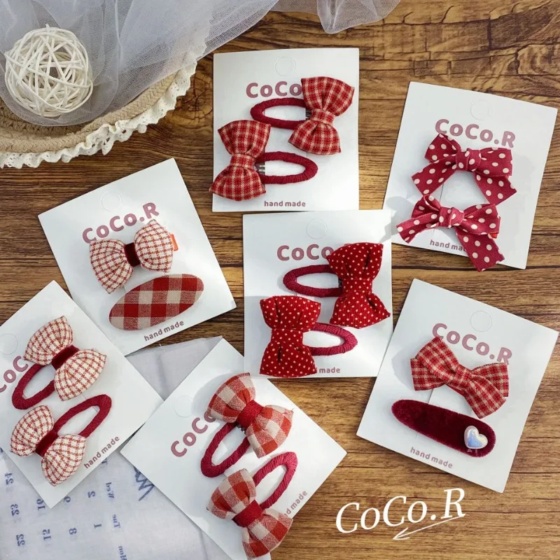 2 unids/set de pinzas para el cabello con lazo a cuadros rojos de estilo coreano para niñas, conjunto de pinzas para el cabello laterales de tela de lunares dulces para niños, accesorios para el cabello
