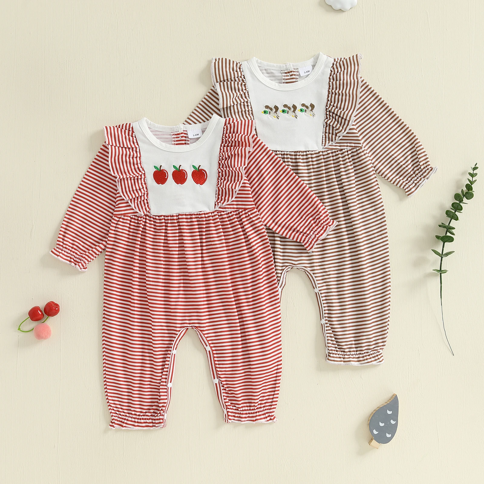 Mameluco informal para niñas recién nacidas, monos de manga larga a rayas con bordado de manzana/pato, ropa de moda infantil - imagen 3