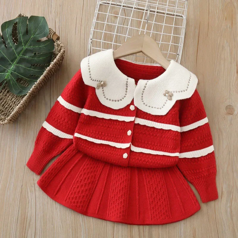 MILANCEL nuevo conjunto de ropa de otoño para niños 2-6T lindo Color bloque tejido niñas suéter + Pantalones solapa grande prendas de vestir sueltas para niños 2 uds - imagen 5