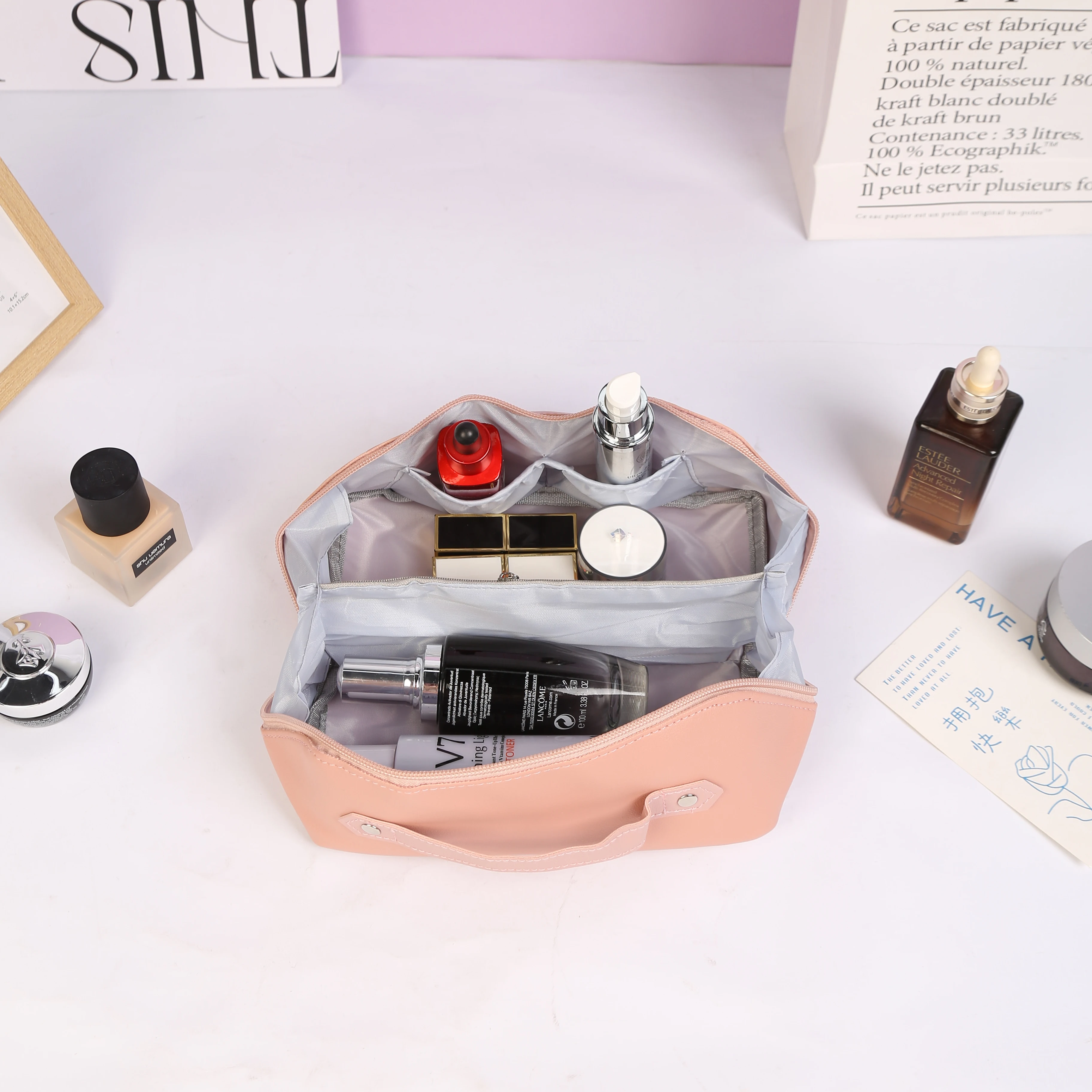 Bolsas de cosméticos para mujer, elegante bolsa de maquillaje de cuero PU, organizador de artículos de tocador de viaje, bolsa colgante de almacenamiento, bolso de maquillaje de mano coreano - imagen 3