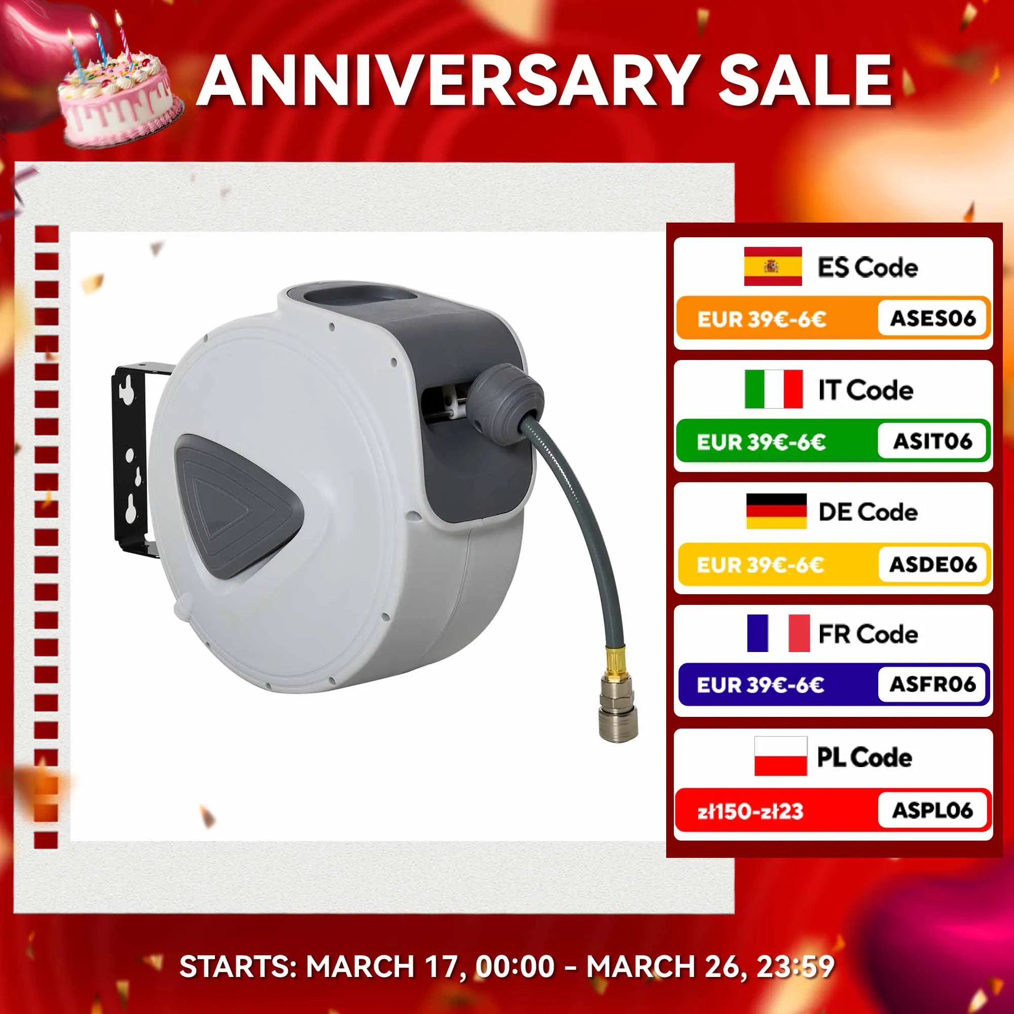 DURHAND Carrete de Manguera de Aire Comprimido Automático de 15 m Conector de 1/4'' BSP con Soporte para Pared Giratorio 180° Diámetro Interno 3/8'' (9,5x15 mm) Gris