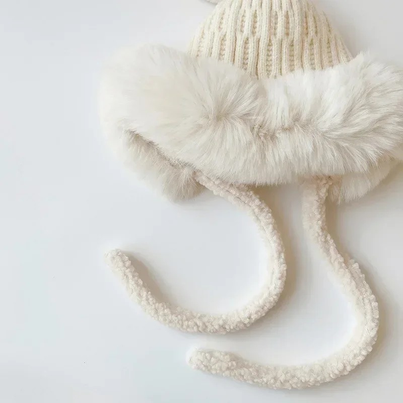 Gorro cálido y bonito para niños y niñas, gorro con protección para los oídos de conejo de dibujos animados Kawaii, gorro para la cabeza para niños pequeños, gorro frío de invierno peludo suave, 1 unidad - imagen 5
