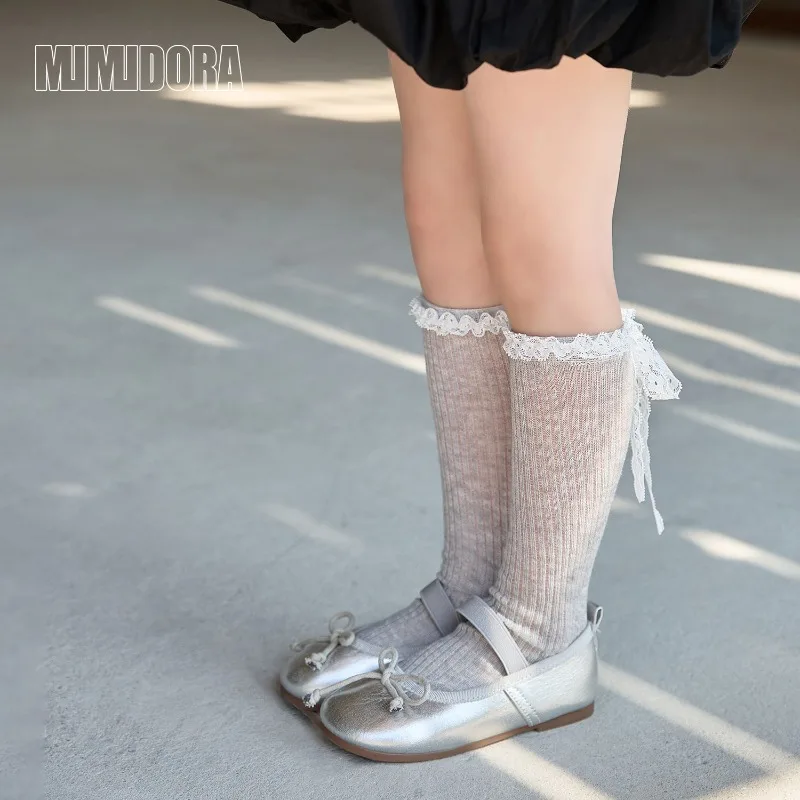 1 par de calcetines de malla de verano para niños y niñas, calcetines sencillos a la moda con volantes para niños, calcetines escolares finos y transpirables de algodón suave con lazo - imagen 4