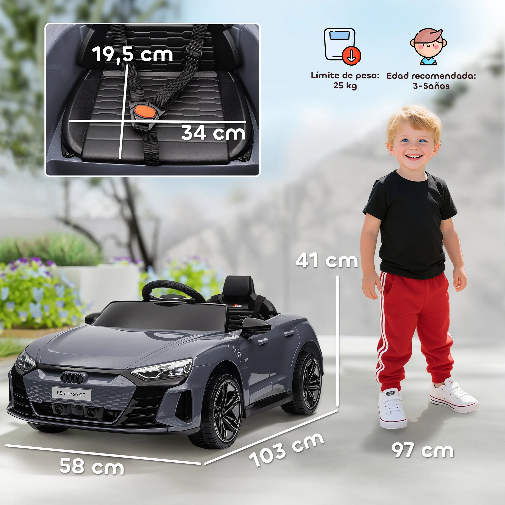 HOMCOM Coche Eléctrico para Niños de +3 Años AUDI RS e-tron GT Coche de Batería 12V con Mando a Distancia Faros LED Bocina Música USB y Apertura de Puerta 3-5 km/h - imagen 3