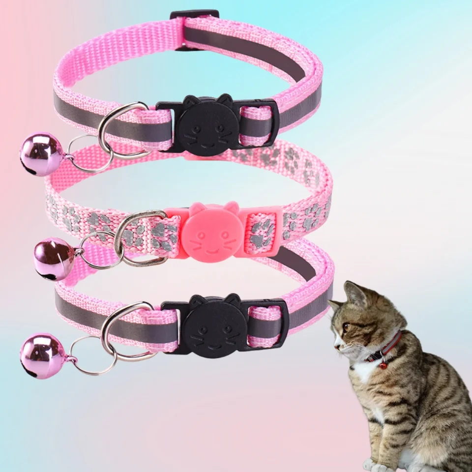3 unids/pack Collar de gato con tira reflectante para Collar de mascota pequeña puede ajustar collar de 7-12 pulgadas con patrón de campana para gato