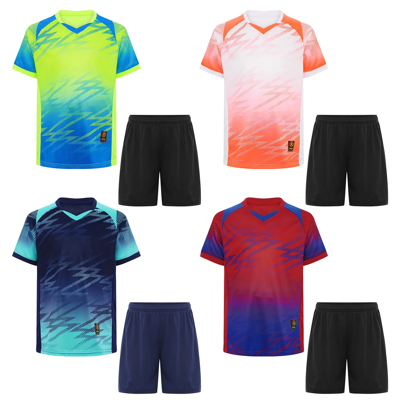 Uniforme de entrenamiento de fútbol de 2 piezas para niños, ropa deportiva, chándal, camiseta de manga corta con estampado elegante de Color en contraste y pantalones cortos - imagen 2