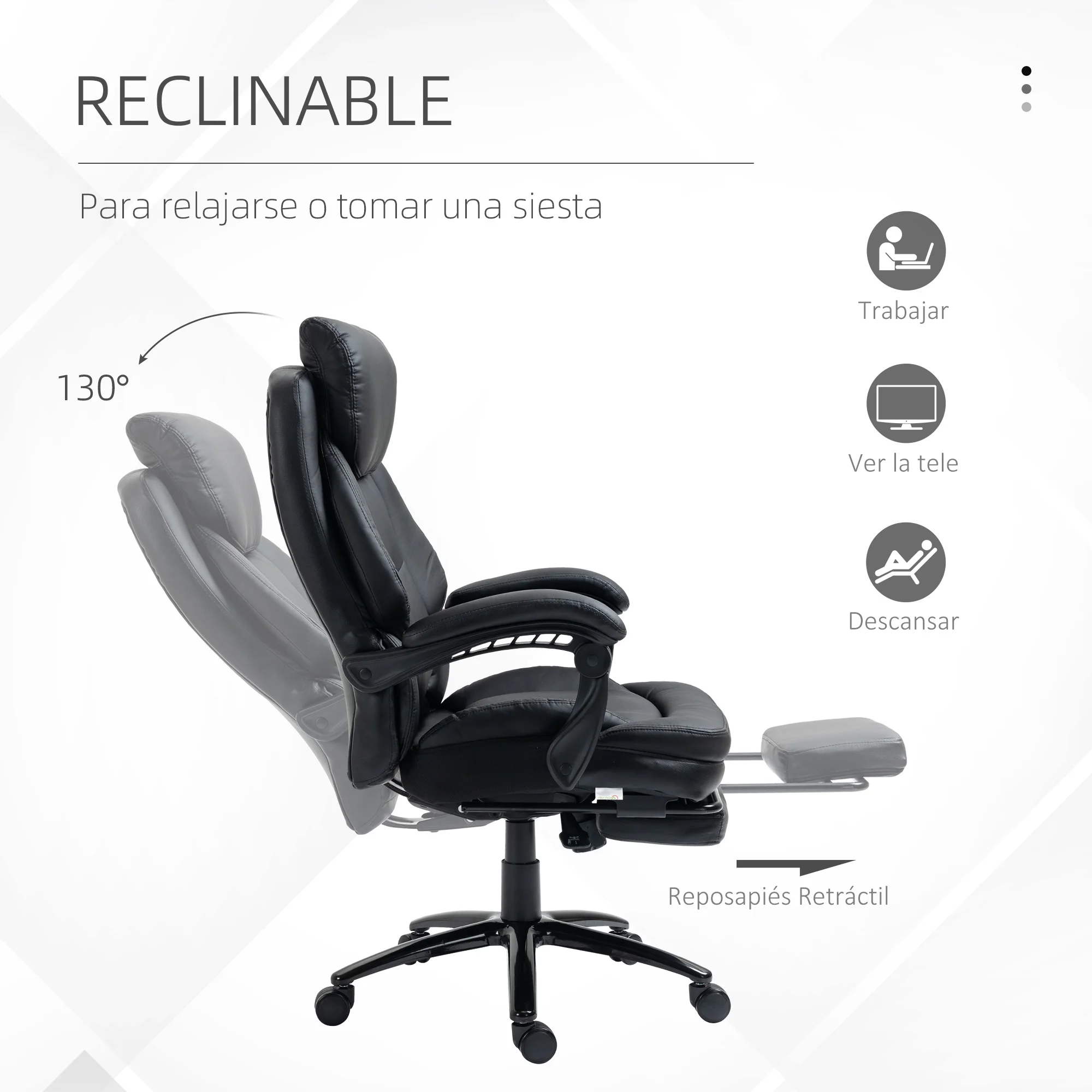 Vinsetto Silla de Oficina Ergonómica Silla de Escritorio Ajustable en Altura con Respaldo Inclinable hasta 130° Función Basculante y Resposapiés Retráctil Acero 73x66x112-118 cm Negro - imagen 5